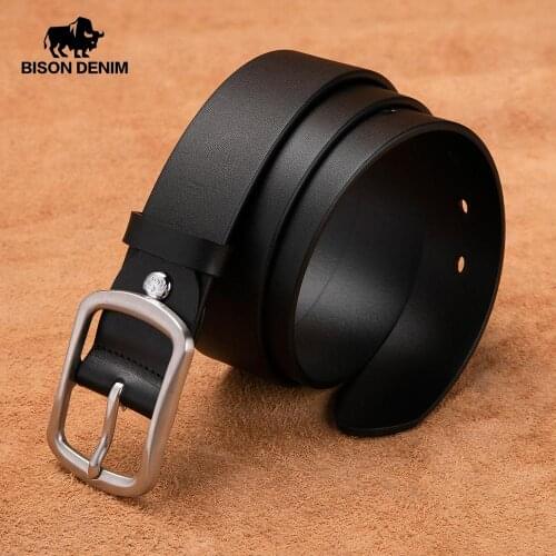 BISON DENIM Luxury Strap Genuine Leather Men Belt Stainless Steel Pin Buckle Classic Real Leather Strap Belt for Men N71601