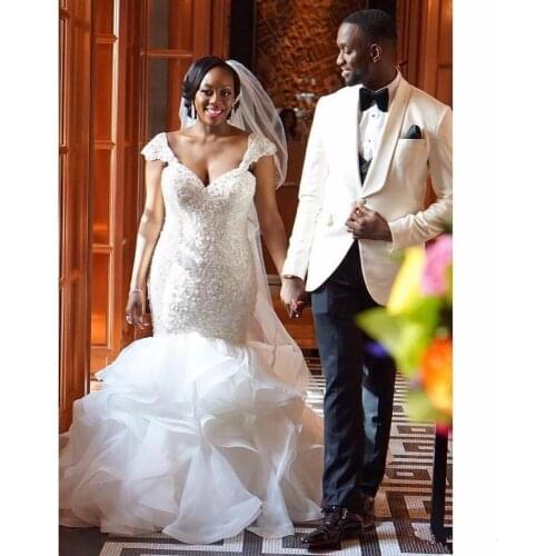 2020 Luxury Mermaid Tulle Wedding Dress African Black Women Wedding Dress Beading Crystals Bridal Gown Vestidos De Noiva