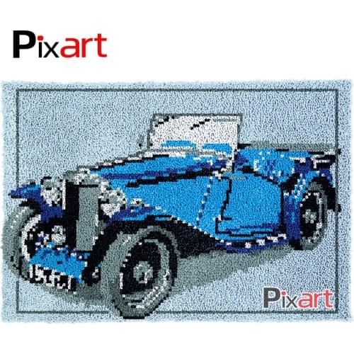 Latch Hook Rug Blue Vintage Car Crocheting Tapestry Kits DIY Carpet Rug Chunky Yarn Needlework Knitted Floor Mat Hobby & Crafts