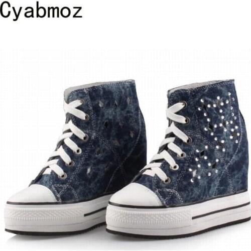 Cyabmoz Women Wedge Platform Shoes Woman High Heel Height increasing High top Denim Breathable Rhinestone Casual Ladies Shoes