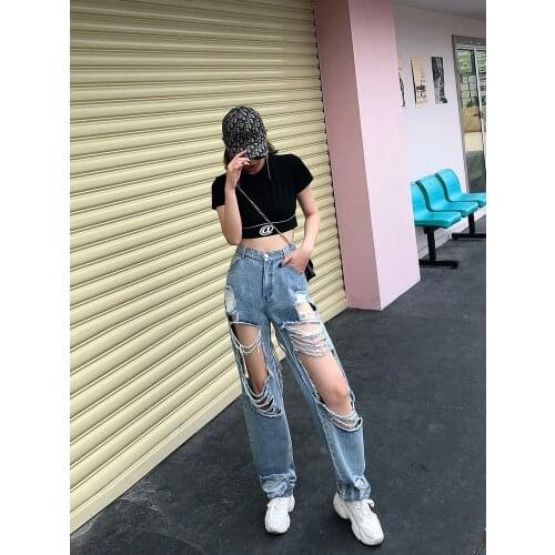 European station 2021 spring new ripped exposed leg jeans women personality trousers washed casual wide-leg pants ripped pants