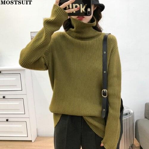 Solid Basic Turtleneck Knitted Pullover Sweater Women Autumn Winter Full Sleeve Loose Fashion Vintage Ladies Jumpers Tops 2021