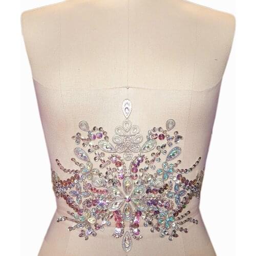 AMAZING 22x34cm Handmade Beaded Diy Clear ab Sew on Sequin Rhinestones Trim Waist Belt wedding dress Decoration Applique Patches