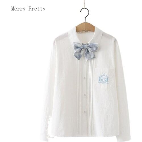 Badge Embroidery White Single Breasted Casual Women Shirts with Bow 2021 Summer New Korean Ladies Basic Pockets Tops