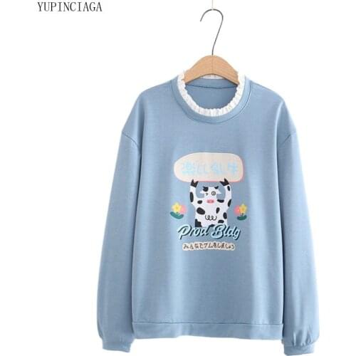 Womens Cartoon Print Lace Up Collar Sweatshirts Long Sleeve Harajuku Cute Pullovers 2020 New Sweet Style Cute Loose Tracksuit