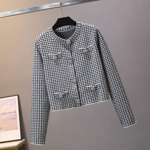 Vintage Houndstooth Knitted Cardigan Coat Women Single Breasted Long Sleeve Sweater Crop Top Femme Women 2021 Fall Puff Femme