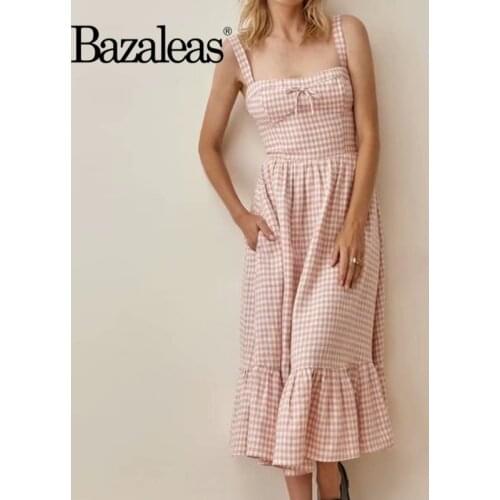 Bazaleas Chic pink plaid Print Dress Retro Dresses Sexy Vestidos Vintage Women Midi Dress