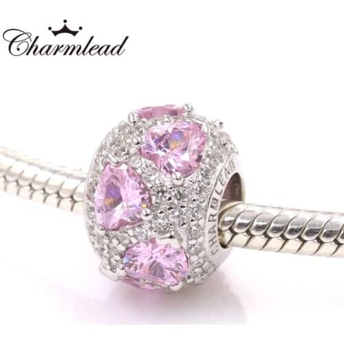Charmlead 925 Sterling Silver Beads Adornment Charm Shinning Stone Pink Love Heart Bling Charms