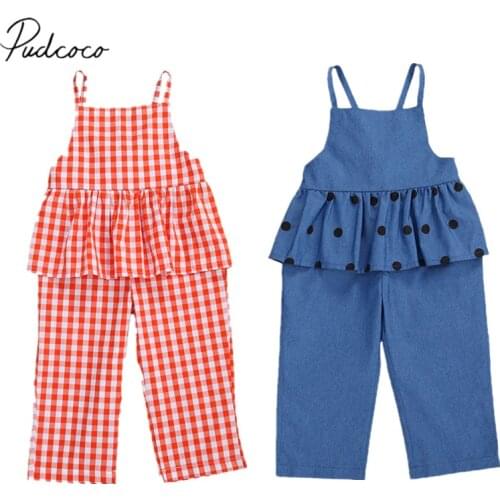 1-6YearsBaby Girls Sleeveless Romper Ruffled Checked Dots Print Ruffled Jumpsuit Casual Baby Summer Clothing