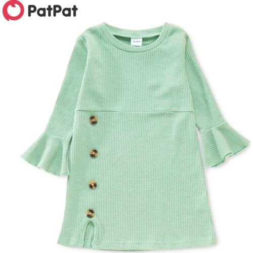 PatPat Toddler Girl Round-collar Button Design Side Slit Bell sleeves Solid Dress