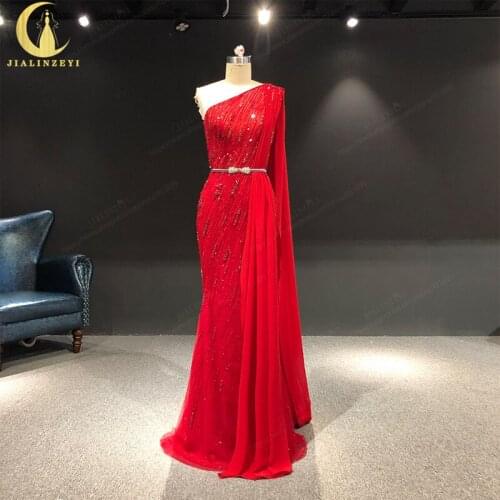 Rhine real Pictures one shoulder sexy Beads Crystal Mermaid With chiffon dresses arabic evening dresses long
