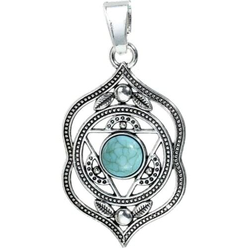 DoreenBeads Zinc Based Alloy silver color Yoga Healing Pendants Green Agnya Hollow Flower DIY Components 72mm x 37mm, 2PCs