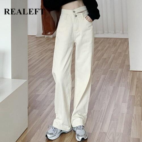 REALEFT Spring Summer 2021 New High Waist Loose Jeans For Women Casual Straight Pants Mom Jeans Retro Washed Boyfriend Jeans