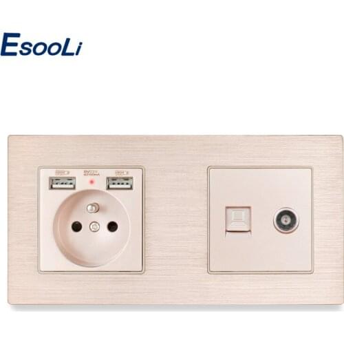 Esooli French Aluminum Metal Panel Socket with USB RJ45 Internet Data Computer Jack Connector With Female TV Outlet Wall Socket