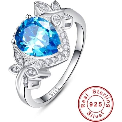 New Wedding Engagement Jewelry 925 Sterling Silver Blue Topaz Ring Butterfly Decoration 3.85 Carat Pear Cut Water Drop Shape