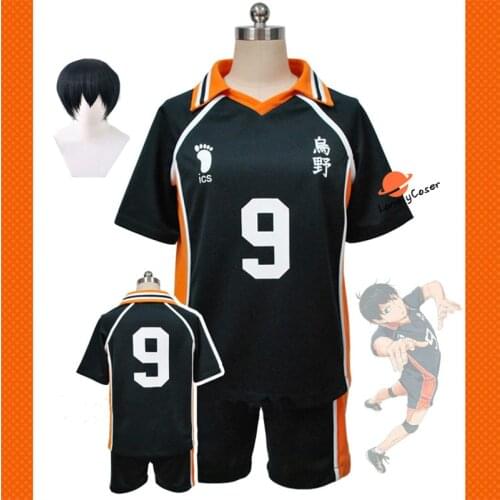 Anime Haikyuu Kageyama Tobio Cosplay Costume No.9 Karasuno High School Volleyball Club Uniforms T-shirt+Shorts Short Black Wig