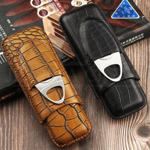 GALINER Leather Cigar Case Travel Crocodile Pattern Leather Humidor Box W/ Stainless Cigar Cutter Fit 2 COHIBA Cigars