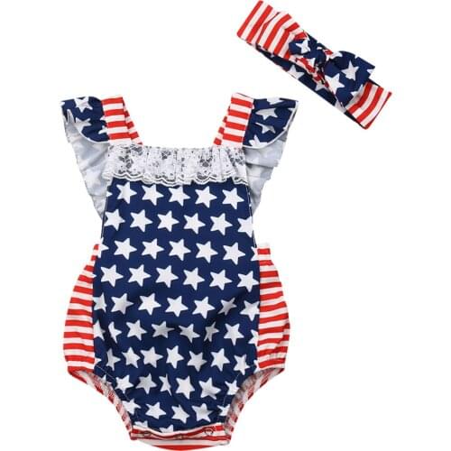 Summer 2Pcs Newborn Baby Girls American Flag July 4th Bodysuit Headband Outfits Sleeveless Holiday Clothes