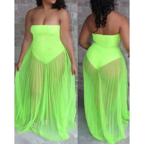 Summer Off Shoulder Sleeveless Plain Sheer Mesh Maxi Dress 2021 New Sexy Femme Light Bodysuit Robe Y2K sukienka Casual traf
