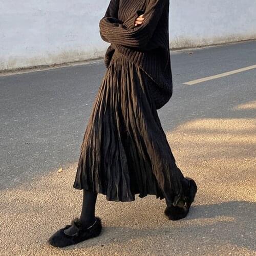 Limiguyue Spring Wrinkled Black Pleated Skirt Women Korean Casual Sweet High Waist A Line Long Skirts Midi falda tableada K441