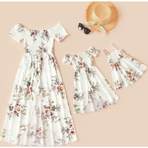 PatPat New Summer Floral Print White Matching Maxi Romper Dresses for Mommy and Me