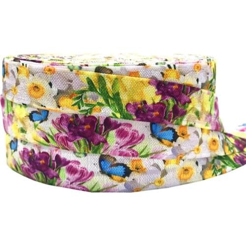 New 10Y 16mm Sun Flower Bee Print Fold Over Elastic Glitter FOE Ribbon for Sewing Hair Tie Headwear Hair Accessory Gift Webbing
