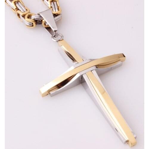 Fashion 5mm Byzantine Necklaces For Men High Polished Stainless Steel Gold Silver Color Cross Pendant Necklace Male Jewelry