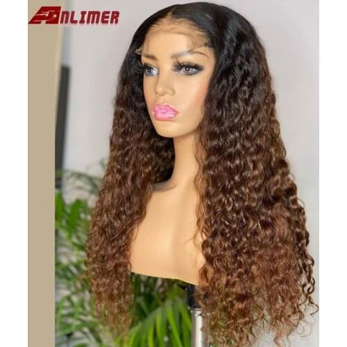 1B Brown Curly Brazilian Remy Hair Ombre Color 5x5 Scalp Silk Top Lace Front Human Hair Wig With Baby Hair T Part Bleached Knots