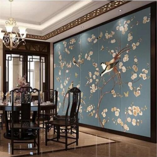 Custom wallpaper Nordic hand-painted vintage flowers and birds TV background wall painting waterproof material