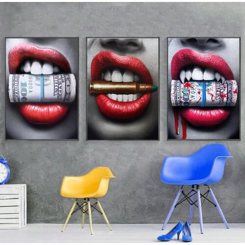 Sexy Red Lips Bite Bullet and Money Wall Art Prints Posters Modern GCanvas Paintins for Living Room Bedroom Decor Unframed
