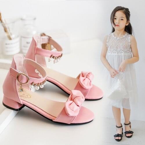 Children Princess Heels Leather Shoes For Girls Beach Shoes Fashion Bow Crystal Pearl Children SummerSandal 35 6 7810 11 12Years