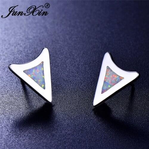 JUNXIN White Blue Fire Opal Earrings For Women Men Silver Color Triangle Stud Earrings Female Male Wedding Studs