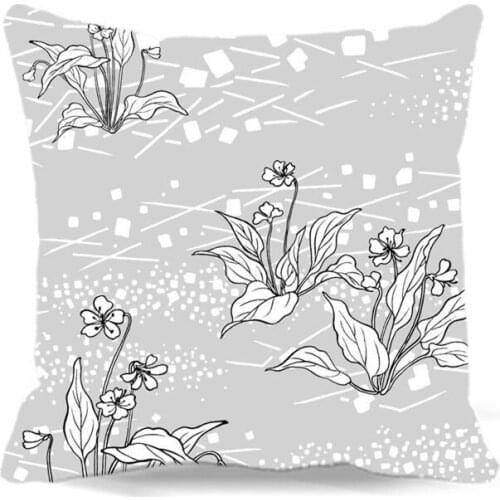 Gray background White plants painting Square Cotton polyester soft cushion cover for Home car sofa chair decorative