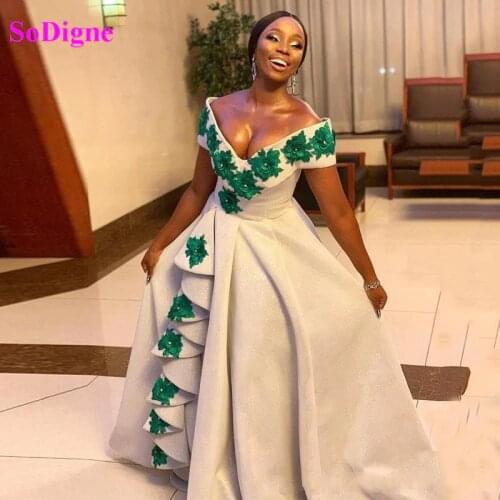 SoDigne Elegant Womens Dresses Off The Shoulder Ruffles Emerald Green Flowers Lace Beads Evening Formal Gown