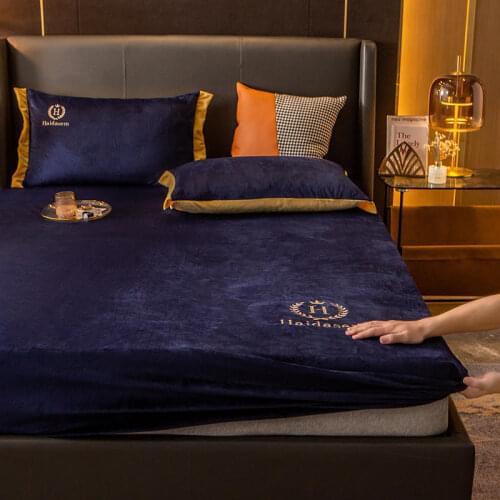 High-end Embroidery Elastic Bed Fitted Sheet Baby Velvet Anti-mite Mattress Cover Solid Color 1pcs Winter Warm Soft Queen
