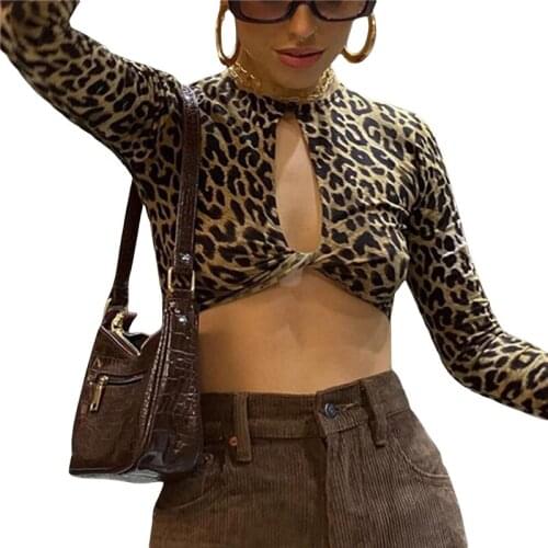 Xingqing New Women Leopard Print Hollow Out Crop Top Stylish Long Sleeve Tops for Ladies Sping Wear T-Shirts Top