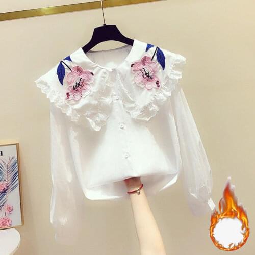 Blouse Women Autumn Embroidered Flower Lace Long Sleeve Turn-down Doll Collar Casual Shirt Blusas Mujer De Moda