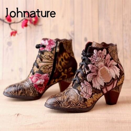 Johnature Women Boots Genuine Leather Embroidery Cloth Women Shoes Zip Hand-painted Round Toe Cross-tied Ankle Platform Boots