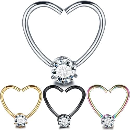 1PC Surgical Steel Heart Gem 20G Fake Nose Hoop Gold Daith Septum Ear Cartilage Piercings Black Conch Rook Earrings Body Jewelry