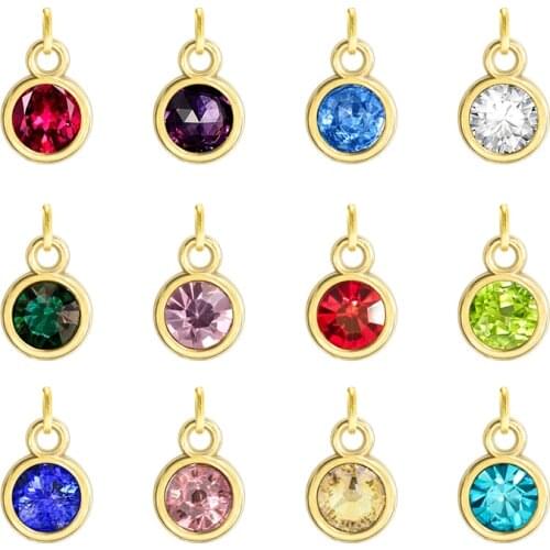 12pcs Round Gold Color Birthstone DIY Birthday Stones 12 Months Alloy Size 7*10mm Charms Pendants with Open Circle