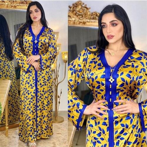 2021 Dubai Abaya Muslim Dresses for Women Elegant Leave Print Indian Turkish Middle East Kaftan Caftan Luxury Style Plus Size