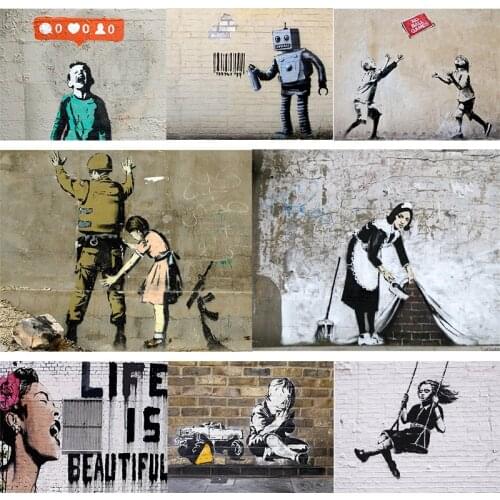 Banksy Abstract Classic Street Graffiti Canvas Painting Wall Art Prints and Posters Pictures Cafe Room Decoration