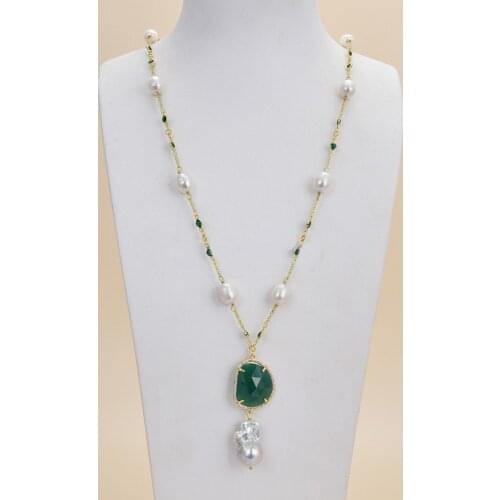 26'' White Rice Pearl Green Crystal Chain Necklace Keshi Pearl Pendant
