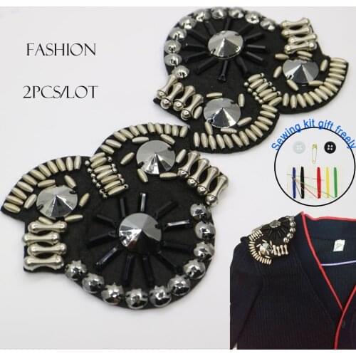 2pc/set black Beaded epaulette for clothes DIY Fashion sew on patches for clothing Badge Epaulets Shoulder Parches appliques