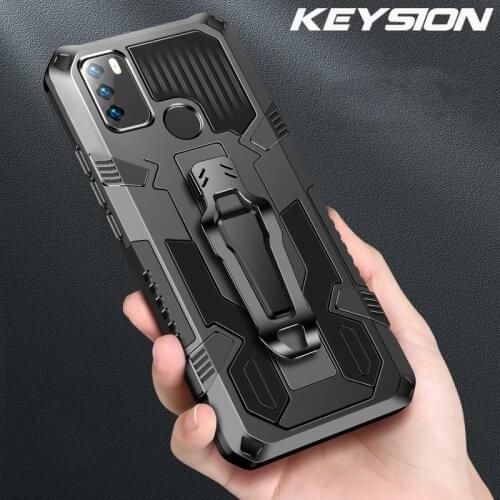 KEYSION Shockproof Armor Case for Infinix Hot 9 Play Stand Back clip soft silicone PC Phone Back Cover for Infinix Note 7 Lite