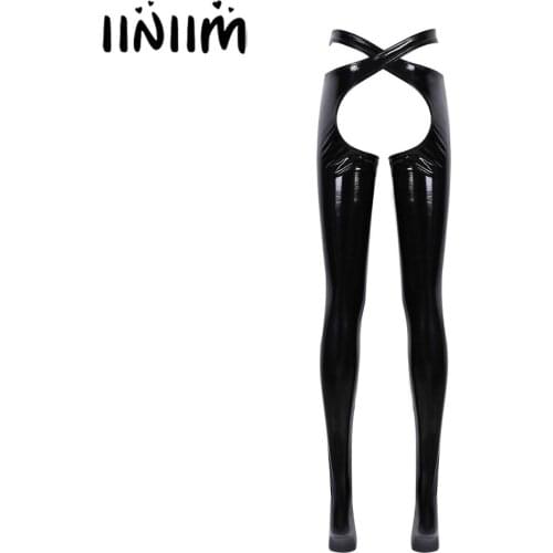 Iiniim Womens Ladies Latex Costumes Patent Leather Trousers Exotic Pants Crotchless Open Bultt Crotch Sissy Lingerie Clubwear