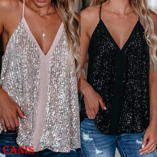 Summer Sexy Sequin Tops Vest Women Sleeveless Loose Camisole Casual V-Neck Tank Tops 2020 Fashion Cami