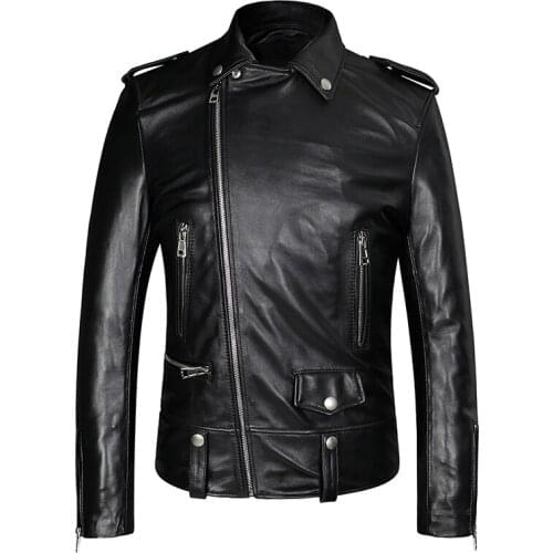 Sheepskin Motocycle Biker Leather Jacket Black Soft Mens Fashion Zipper Punk Genuine Sheep Leather Coat Spring Autumn Slim