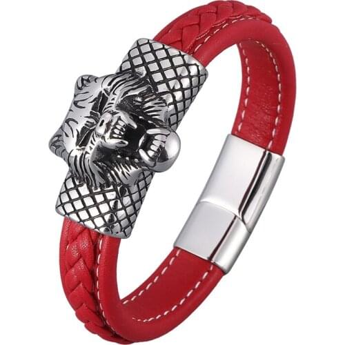 Stainless Steel Wolf Head Leather Braided Bracelets Men Red Rope Hand Chain Wristband Punk Rock Accessories Male Jewelry PD0880