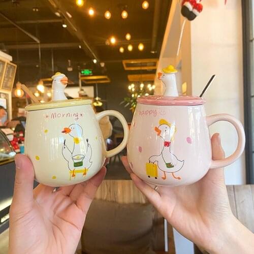 New Cute Cartoon Duck Belly Cup Creative Ceramic Coffee Tea Mug With Lid Spoon Lovely Couple Water Cup Female Student For Gifts